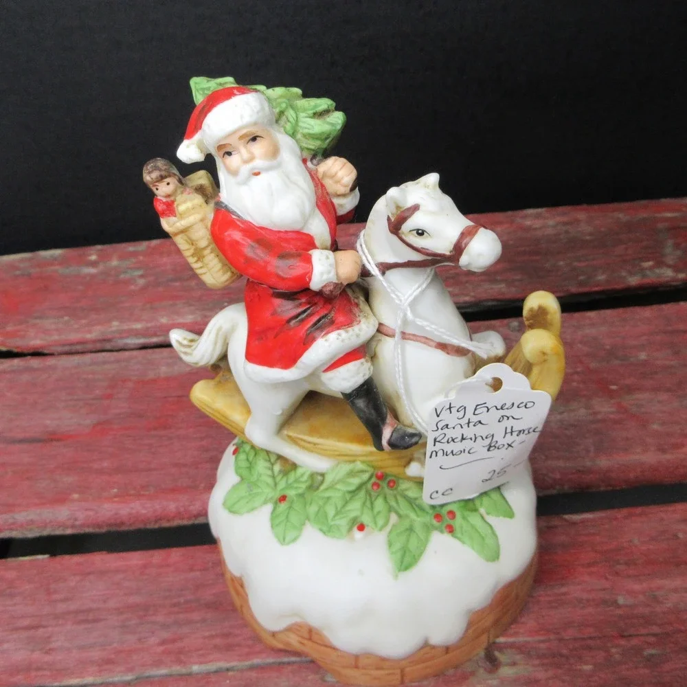 Vtg Enesco Santa Claus on Rocking Horse Music Box 